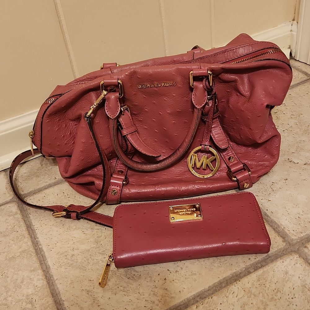 Michael Kors Pink "Bedford" Faux Ostrich Handbag & Matching Wallet